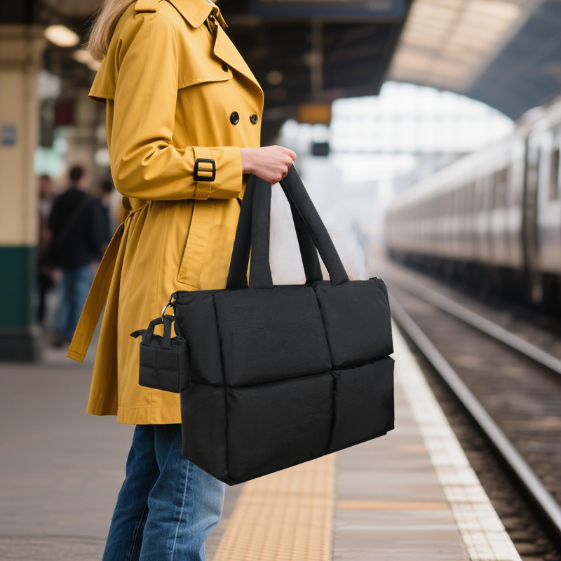 Black puffer tote bag