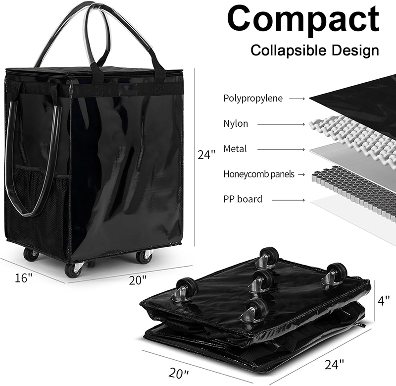  Custom Foldable Wheeled PP Woven Bag Trolley Grocery Shopping Insulated Cooler Trolley Bag