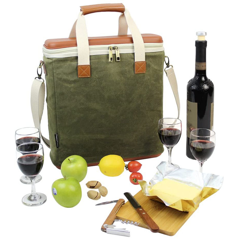 Waxed canvas 3 bottle wine bag